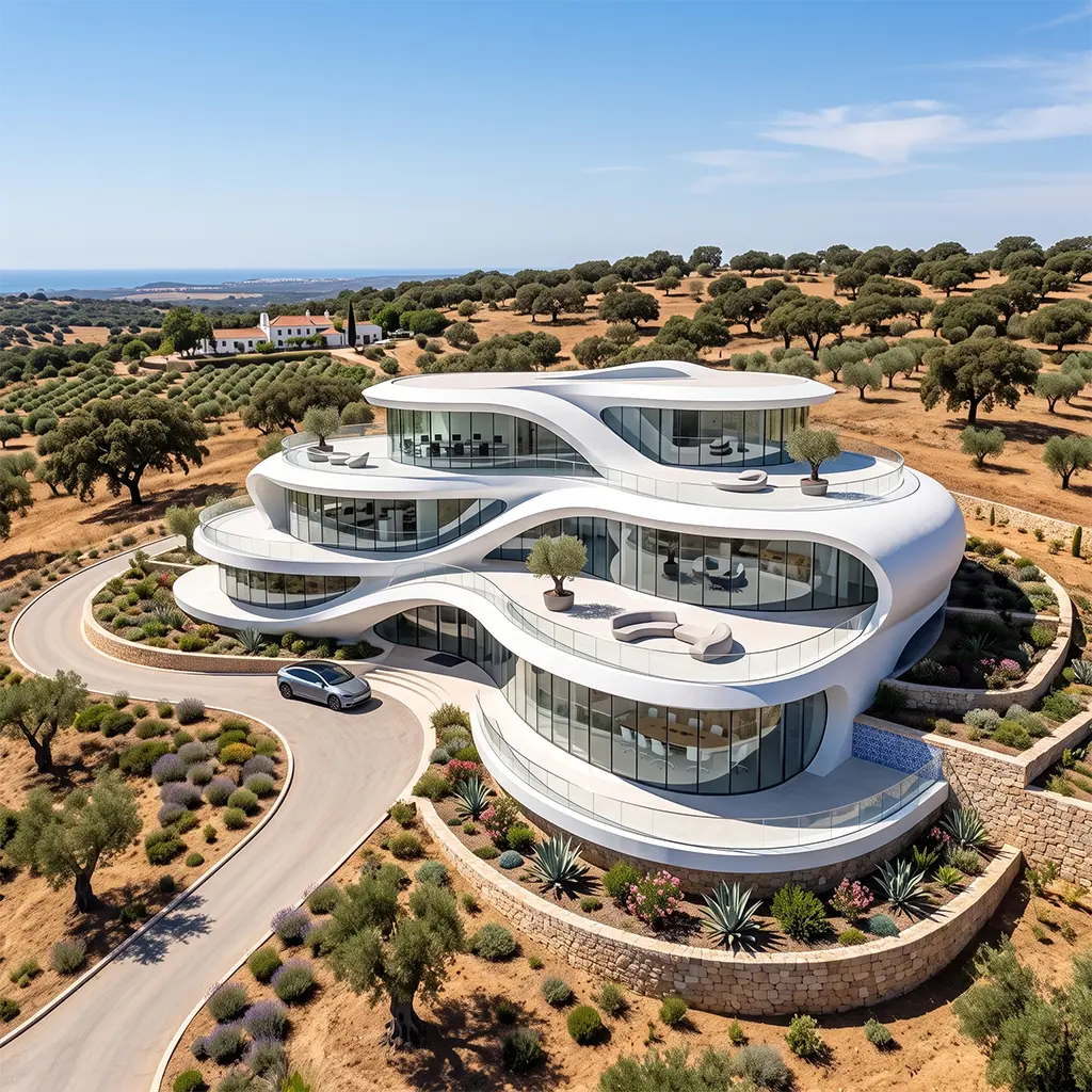 European landscape with historic architecture harmoniously integrated with modern sustainable design