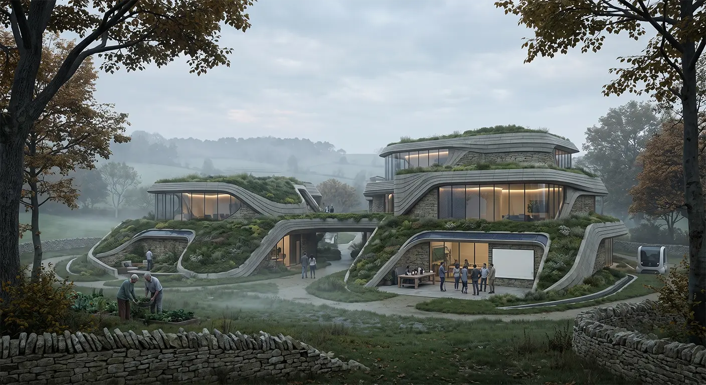 Futuristic yet grounded sustainable city integrated with nature and European landscape